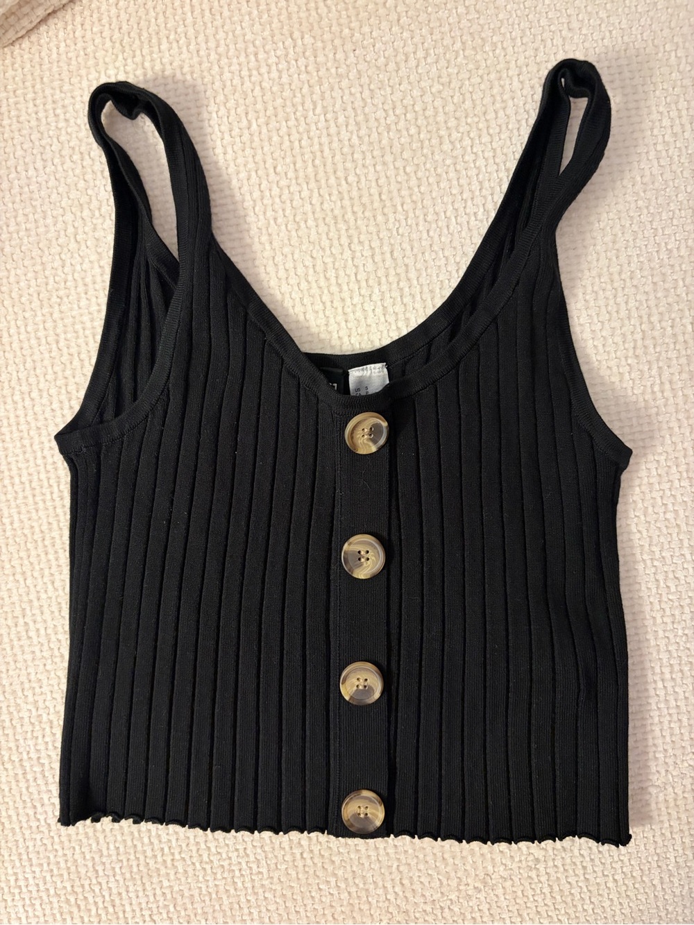 Divided Black Ribbed Button-Front Crop Tank